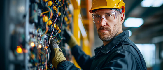 male commercial electrician at work on a fuse box in factory, adorned in safety gear,genertative ai - obrazy, fototapety, plakaty