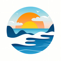 A Sea View, A Logo Of A Beach With Waves And Sun