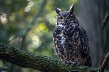 Majestic great horned owl gazing intently from a shadowy forest perch