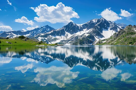 Majestic mountains capped with snow, reflecting in a crystal-clear alpine lake © furyon