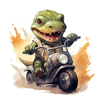 cute t rex Driving a vintage style motorcycle