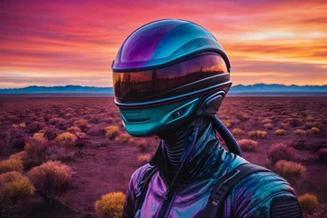 Foto op Plexiglas Motorfiets Futuristic Biker Overlooking a Multi Color Landscape Wallpaper Background Generative AI