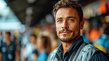 Security man with team security background. Security focus in football stadium,generative ai