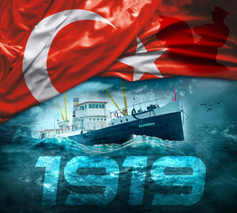 Bandırma ferry. 19 May Commemoration of Atatürk, Youth and Sports Day. Translate: The writing on the ship is the name of the ship (Bandırma Vapuru).