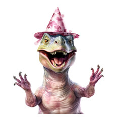 Dinosaur wearing a fun birthday hat, jumping with hands raised, watercolor style, bright light pink.