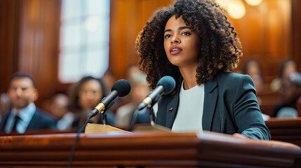Court of Justice and Law Trial: Female Public Defender Presenting Case, Making Passionate Speech to Judge, Jury. Multiethnic Attorney Lawyer Protecting Client's Innocents with Supportive Evidence. - obrazy, fototapety, plakaty