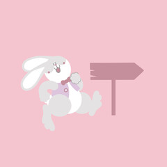 happy easter festival with animal pet bunny rabbit and blank sign banner, pastel color, flat vector illustration cartoon character