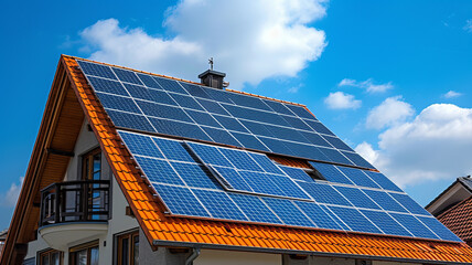 Fototapeta premium Solar panels on roof top of house , beautiful blue sky background,generative ai