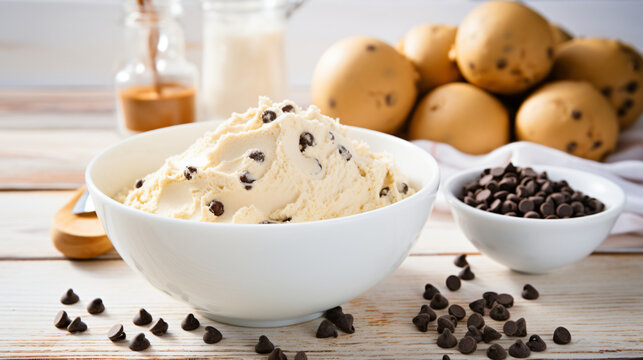 Chocolate chip cookie dough in bowl and ingredients