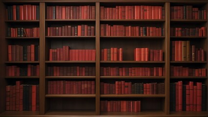 Wooden bookshelf full of vibrant red colored books from Generative AI