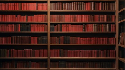 Wooden bookshelf full of vibrant red colored books from Generative AI