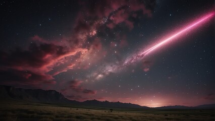 Bright pink shooting falling stars on one direction of a cloudy night sky with visible stars and space galaxy from Generative AI