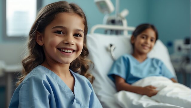 Smiling happy patient girl child kid on hospital room background, medical services and treatment ad concept from Generative AI