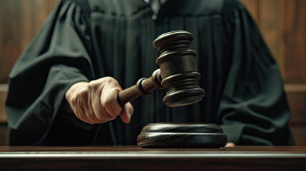 Court of Law and Justice Trial Session: Impartial Honorable Judge Pronouncing Sentence, striking Gavel. Focus on Mallet, Hammer. Cinematic Shot of Dramatic Not Guilty Verdict. Close-up Shot. - obrazy, fototapety, plakaty