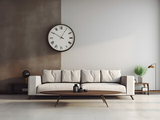Living room with furniture and big wall clock