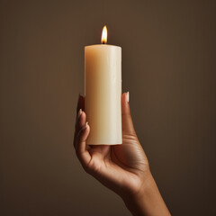 fotografia con detalle de mano sujetando una vela encendida, sobre fondo neutro