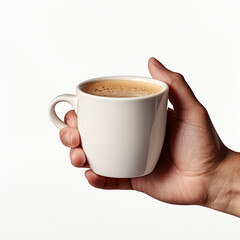 Fotografia con detalle de una mano sosteniendo una taza de cafe, sobre fondo blanco