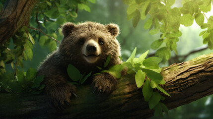 Ocala bear on a branch with green leaves realistic - obrazy, fototapety, plakaty