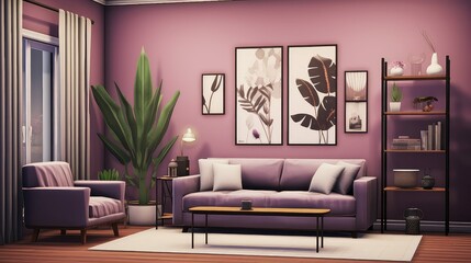 design room purple background illustration interior cozy, vibrant modern, stylish luxurious design room purple background