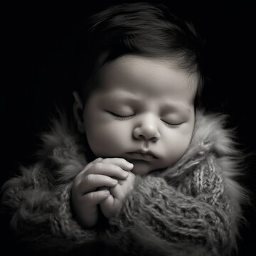 fotografia en blanco y negro de adorable bebe dormido con ropa de abrigo