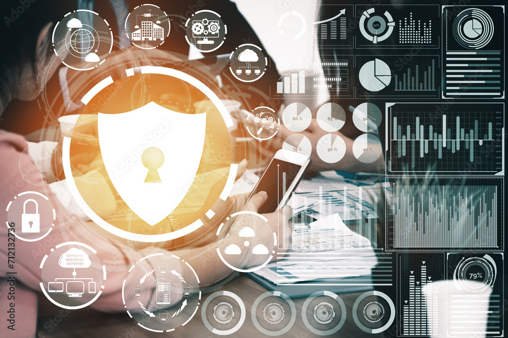 Poster cyber security and digital data protection concept. icon interface showing secure firewall technolog