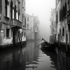 Fotografia en blanco y negro de un canal de Venecia con bruma - obrazy, fototapety, plakaty