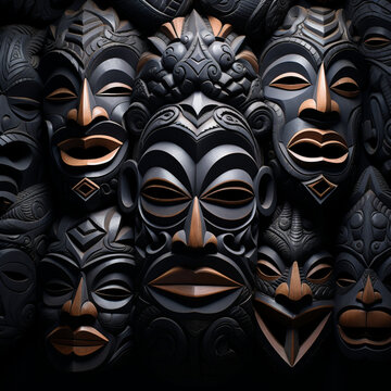 fotografia con detalle y textura de varias mascaras tribales de tonos oscuros