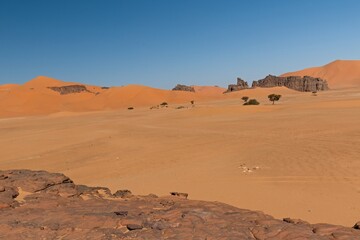 View of Dunes of Ouan Zaoutan, sand dunes in Tadrart Rouge, Tassili n Ajjer National Park. Sahara, Algeria, Africa.