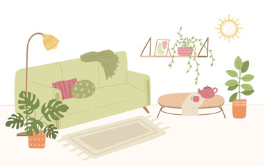 Flat cozy interior, living room with furniture and decor illustration, vector hand drawn design. Home decorations for modern interior. Stylish sofa, carpet, couch, lamp, houseplant, shelf,