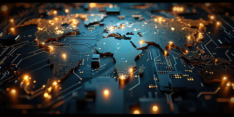 Fototapeta premium This close-up image shows a detailed world map on a computer board. Suitable for technology, global communication, online connectivity, digital networking, international business, and virtual travel c