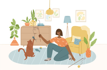 Fototapeta premium happy pet owner with dog in cozy interior of living room. Pet sitter and friendly service concept. People playing, cuddling with animal friends at home. Colored flat hand drawn vector illustration.