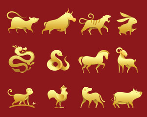 Set of gold chinese horoscope, chinese animals zodiac astrological oriental symbols with modern gradient style on red background vector illustration design