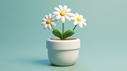 Cute chamomile or daisy in flowerpot 3D illustration