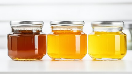 Close-up of three glass jars with different varieties of honey on a white background. Beekeeping product, sweet food, dessert concepts.