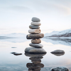 fotografia con detalle de totem de piedras de rio, sobre agua y paisaje natural de fondo