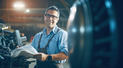 Portrait of a happy and confident male aerospace engineer works on an aircraft engine with expertise in technology and electronics in the aviation industry