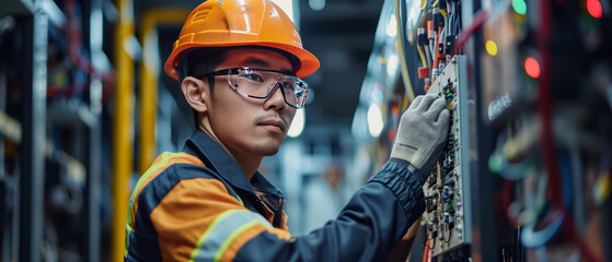 asian man commercial electrician with staff at work on a fuse box in factory, adorned in safety gear,generative ai - obrazy, fototapety, plakaty