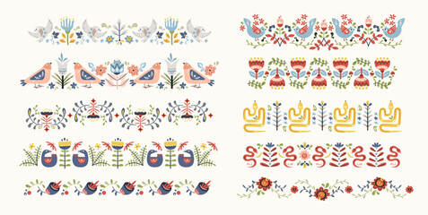 Folk scandi seamless borders set - birds, leaves, flowers, branches in scandinavian hygge style, ethnic floral repeating motifs on background for wrapping, textile, digital or scrapbook paper