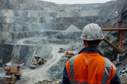 Back view of a mining engineer at a mine site. Male workers in mining