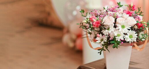 A flower bouquet in a pot. blank greeting card background