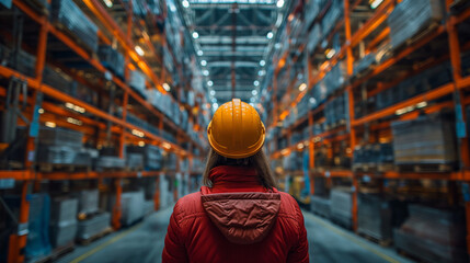 Engineer supervisor stands contemplatively with a hard hat, overseeing the busy operations of a bustling industrial facility.