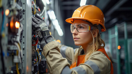 Female commercial electrician at work on a fuse box in factory, adorned in safety gear,genertative ai