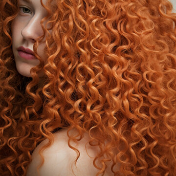 fotografia con detalle de atractiva mujer con melena rizada y tonos pelirojos