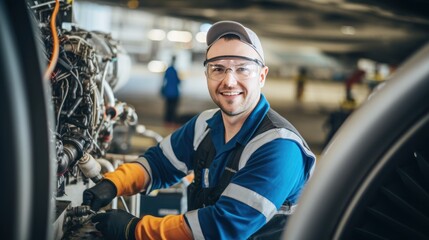 Portrait of a happy and confident male aerospace engineer works on an aircraft engine with expertise in technology and electronics in the aviation industry