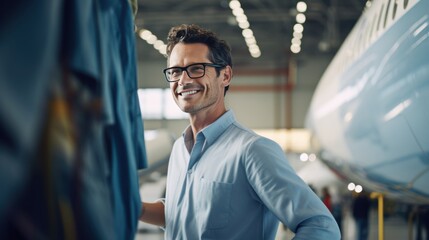 Portrait of a happy and confident male aerospace engineer works in the aviation industry with his expertise in technology and electronics
