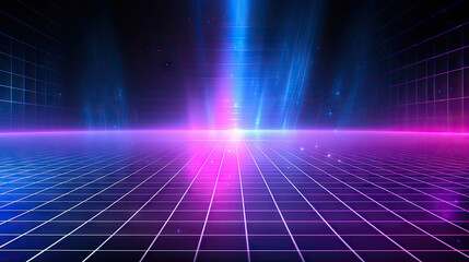 dark blue and pink grid light, in the style of sci-fi landscapes, linear perspective,A vibrant futuristic backdrop featuring neon lights, perfect for tech-themed designs, sci-fi projects,  - obrazy, fototapety, plakaty