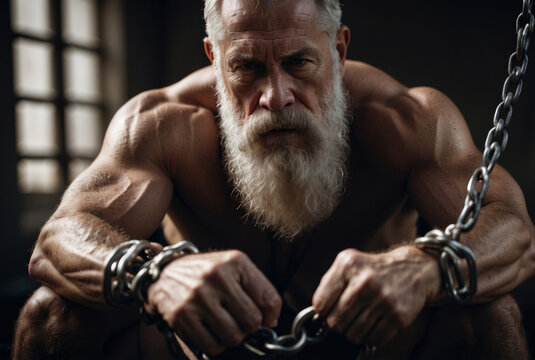 Strong muscular old man breaking chains. AI generated