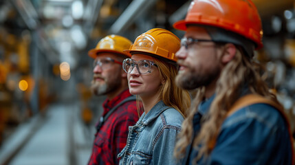 Group of engineer stands contemplatively with a hard hat, overseeing the busy operations of a bustling industrial facility.