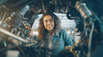 Portrait of a happy and confident female aerospace engineer works on an aircraft engine with...