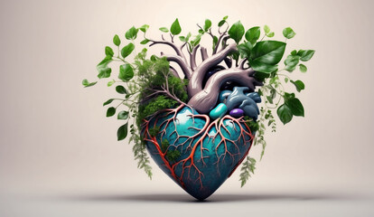 Realistic heart with plants and flowers. AI generated - obrazy, fototapety, plakaty